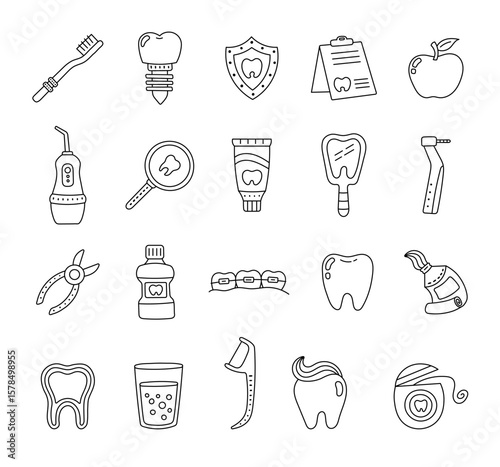 Dental supplies set in cute outline line art featuring cartoon of oral care tools and hygiene elements for your medical themed illustration and creative designs projects