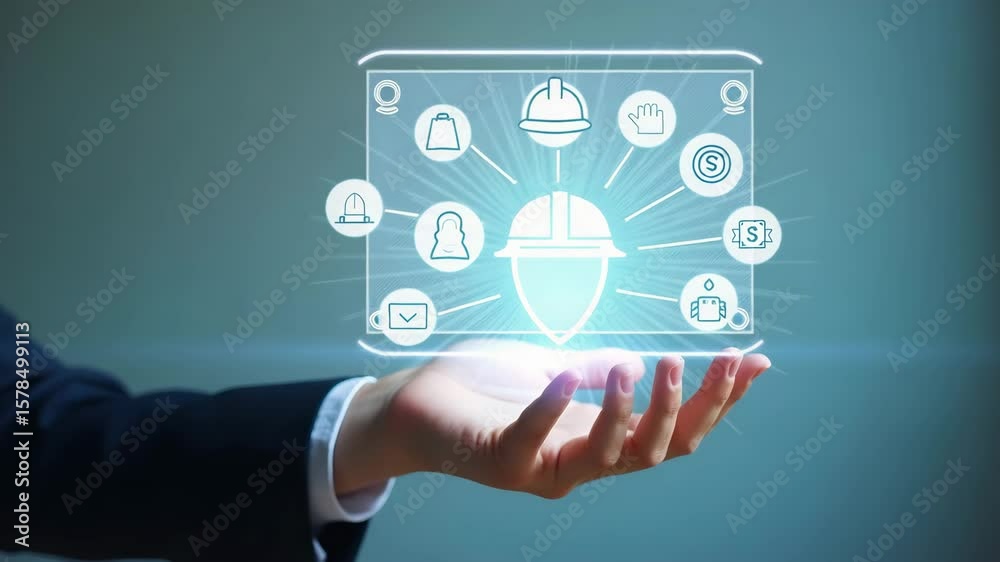 Hand Holding Holographic Work Safety Icons: Shield, Hard Hat, Checklist & Health Protocols - Emphasizing Safety Standards in Stock Photo with Empty Space for Customization Hand Holding Holographic Work Safety Icons: Shield, Hard Hat, Checklist & Health Protocols - Emphasizing Safety Standards in Stock Photo with Empty Space for Customization