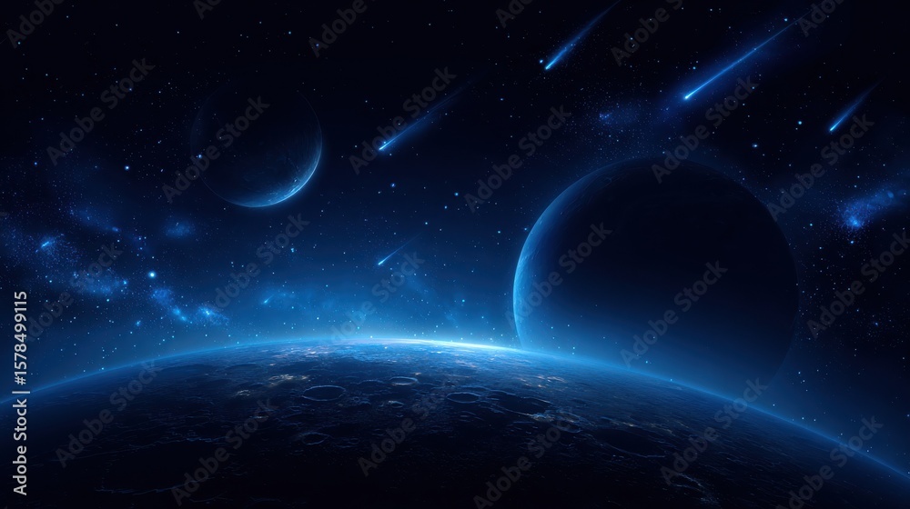 Fototapeta premium Space and planet background. Planets surface with craters, stars and comets in dark space. Vector illustration. Space sky with planet and satellite, no logos, no brands