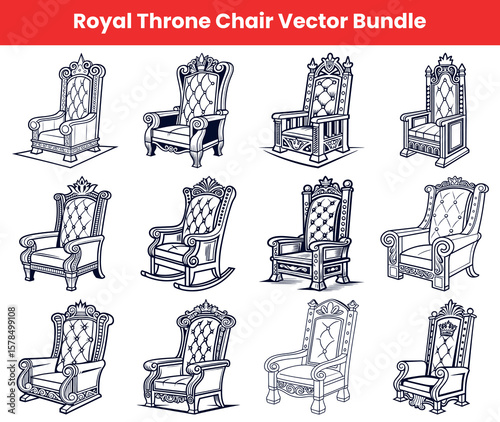 Black and White Royal Throne Chair Collection Art Illustration Set