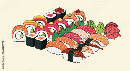 Colorful Assorted Sushi with Garnishes on Light Background