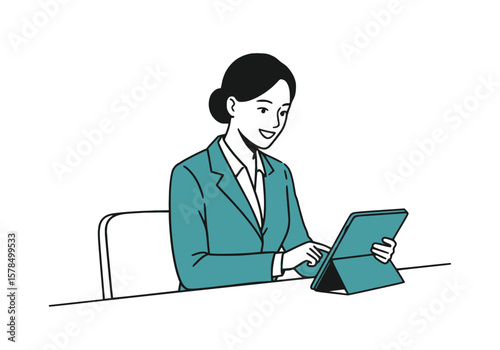 Businesswoman smiling while using tablet, black outline and solid teal fill,white background