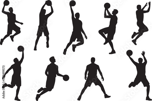Black Silhouettes of Basketball Players in Action with Basketballs on White Background