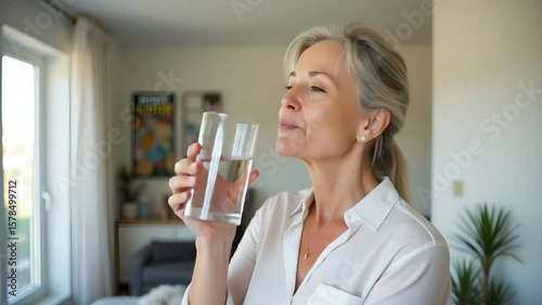 Flat Happy healthy woman of middle age holding glass of water standing at home mature 50 years old lady enjoying drinking pure mineral clear water for body hydration morning daily hydrating treatment.