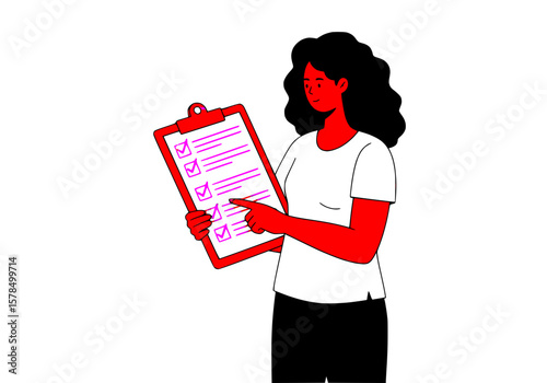 Woman checking task list on clipboard, black outline and solid pink fill,white background