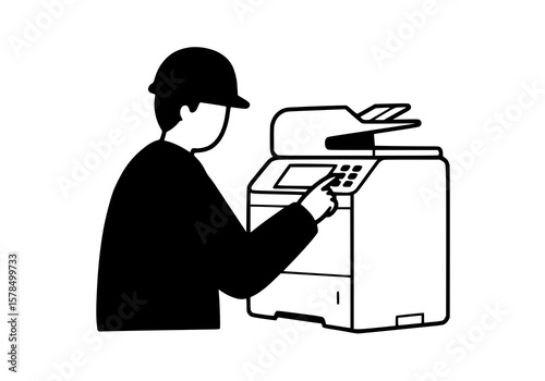 Worker pressing button on office printer, black outline and solid maroon fill,white background