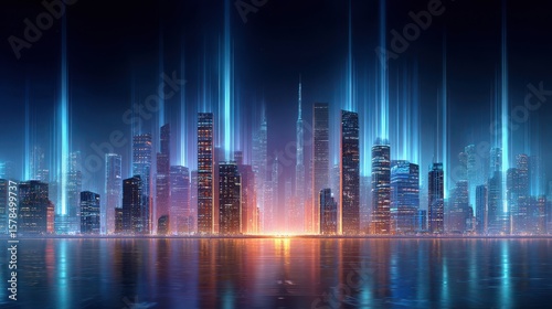 Economic concepts and their impact. A futuristic city skyline at night with glowing skyscrapers and vertical light beams reflecting on calm water.