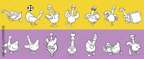 Cute silly goose cartoon character back to school activities Illustration set