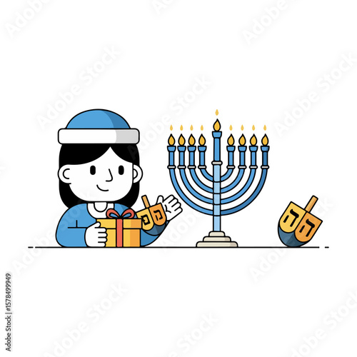 Character with menorah and dreidel, Hanukkah celebration. Vector flat design cartoon. AI generated images.	