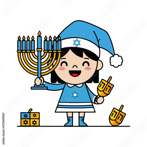 Character with menorah and dreidel, Hanukkah celebration. Vector flat design cartoon. AI generated images.	
