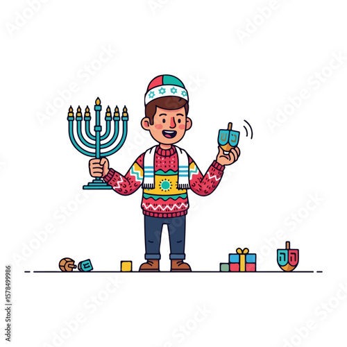 Character with menorah and dreidel, Hanukkah celebration. Vector flat design cartoon. AI generated images.	