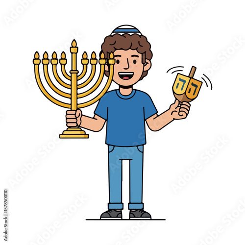 Character with menorah and dreidel, Hanukkah celebration. Vector flat design cartoon. AI generated images.	