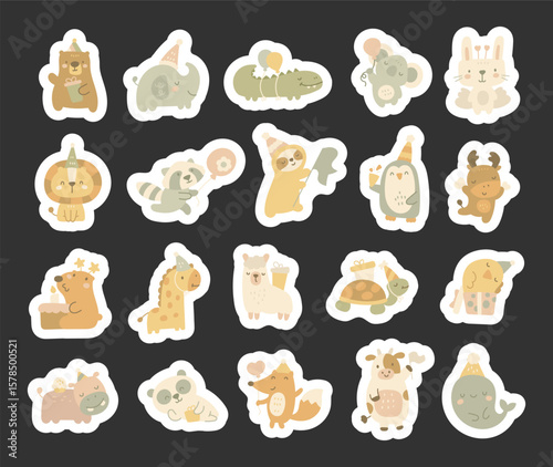 Cute animal holiday character set in scandinavian style showing different party moods with gifts, balloons, hats and sweet celebration moments for yours designs projects