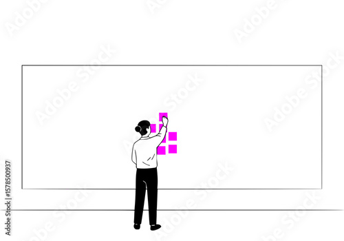 Staff member placing sticky notes on wall, black outline and solid rose fill, white background