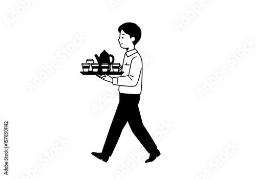 Office boy bringing coffee tray, black outline and solid olive fill,white background