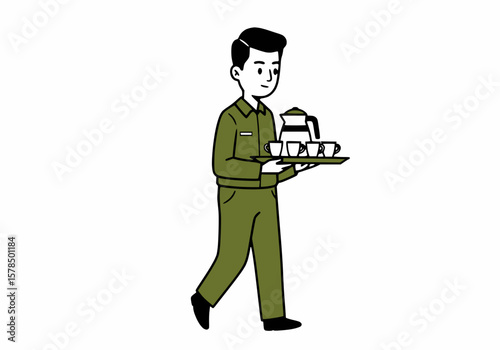 Office boy bringing coffee tray, black outline and solid olive fill, white background