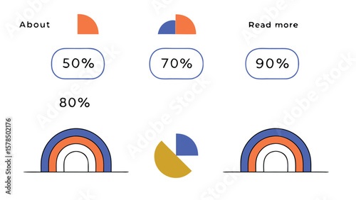 Modern flat design infographic with colorful semicircle charts and percentage data elements on white background
