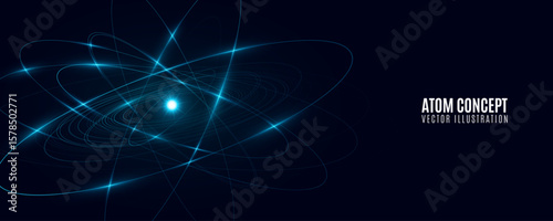 Futuristic glowing atom featuring blue elliptical rings circling a radiant central core on a dark background. Atomic structure concept for Science and Technology presentations. Vector illustration.