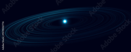 Abstract glowing blue atom rings background. Dynamic elliptical light trails circling a radiant central energy source. Atomic energy concept for scientific research presentation. Vector illustration.
