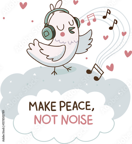 Kawaii Peace Dove Wearing Headphones and Floating on Heart-Shaped Cloud.