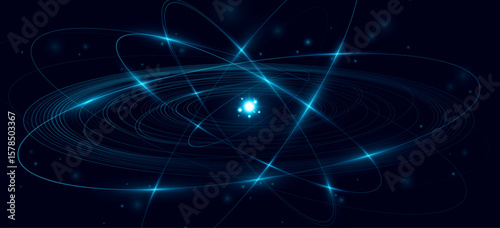 Futuristic glowing atom featuring blue elliptical rings circling a radiant central core on a dark background. Atomic structure backdrop for scientific research presentation or website. Vector.