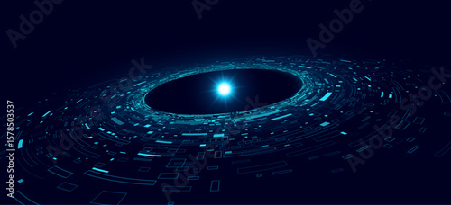 Futuristic circular rings with glowing energy core or atom surrounded by geometric shapes and scattered big data blocks. Abstract technology design for AI projects and virtual networks. Vector.
