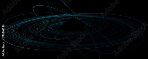 Abstract black hole or planetary core surrounded by blue orbital rings on dark background. Cosmic motion or gravitational force concept for astrophysics and deep space projects. Vector illustration.