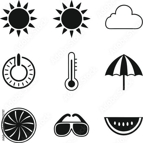 Summer Icons Sun, Cloud, Thermometer, Umbrella, Sunglasses, and More