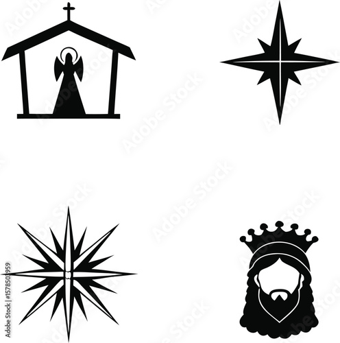 Nativity Scene Icons Stable, Star, and Wise Man Clipart