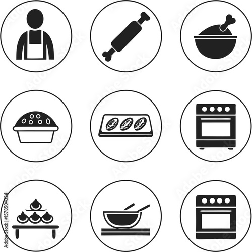 Baking Icons Chef, Rolling Pin, Oven, Pie, Cookies and More
