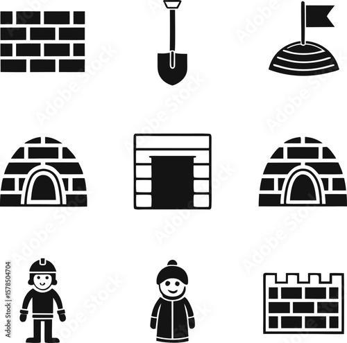 Arctic Construction Icons Igloo, Brick Wall, Shovel and Winter Worker Silhouettes