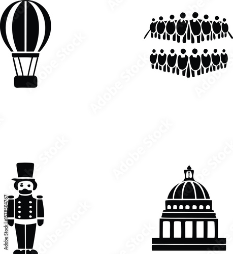 Collection of Simple Black Icons Hot Air Balloon, Choir, Nutcracker and Building