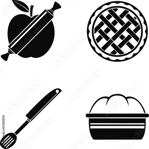 Apple Pie Baking Icons Simple Black and White Silhouettes