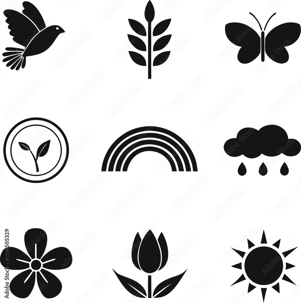 Fototapeta premium Nature Icons Birds, Flowers, Rainbows, and More