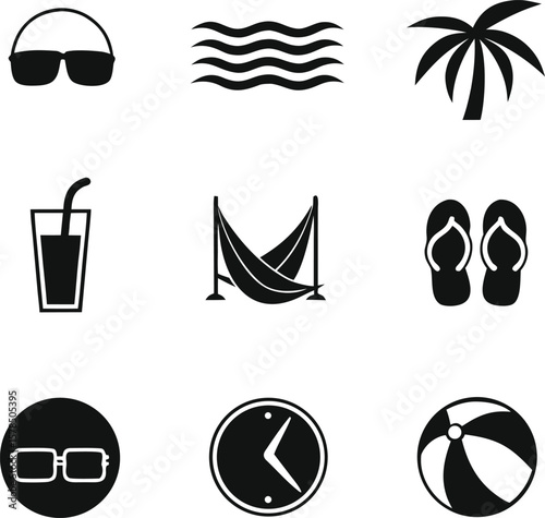Summer Vacation Icons Sun, Sea, Relaxation, and Fun