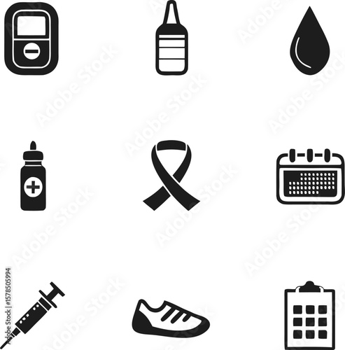 Diabetes Management Icons Glucose Meter, Insulin, Fitness, and More