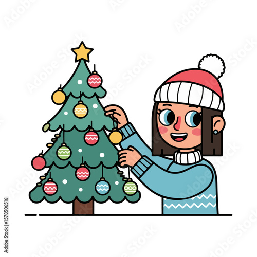 Character decorating Christmas tree with ornaments. Vector flat design cartoon. AI generated images.	