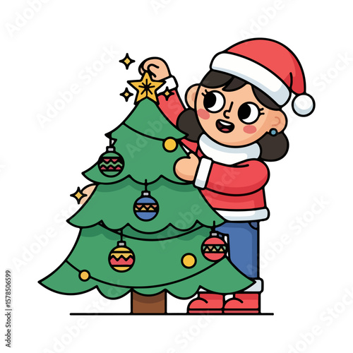 Character decorating Christmas tree with ornaments. Vector flat design cartoon. AI generated images.	