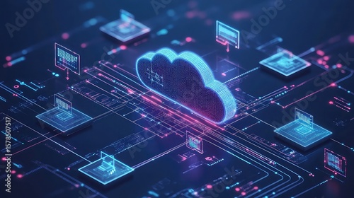 Data replication and mirroring diagram showing sync processes between hybrid cloud environments for redundancy and disaster recovery in tech visual