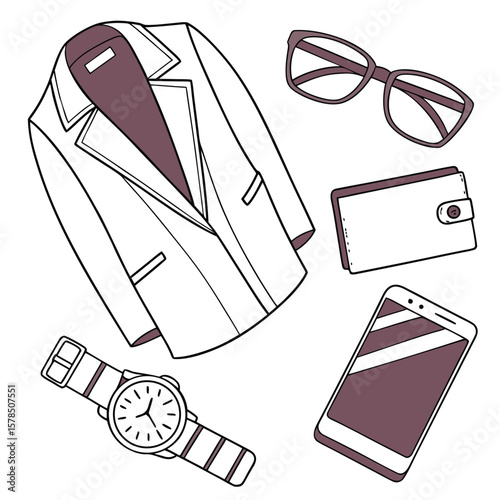 Illustration of a blazer, glasses, wallet, watch and smartphone on a white background view from above