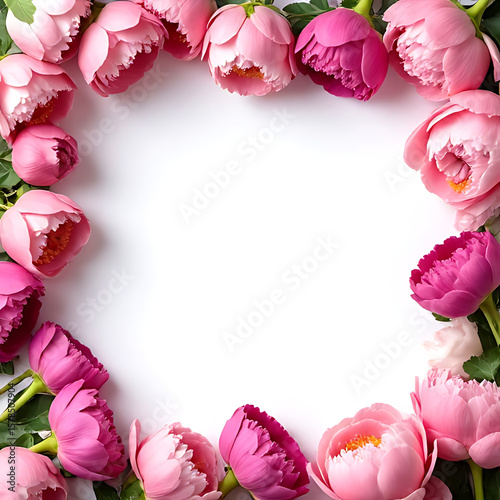 Top view of peonies arranged in natural flow along edges of frame, clear center copy space, fresh color tones 