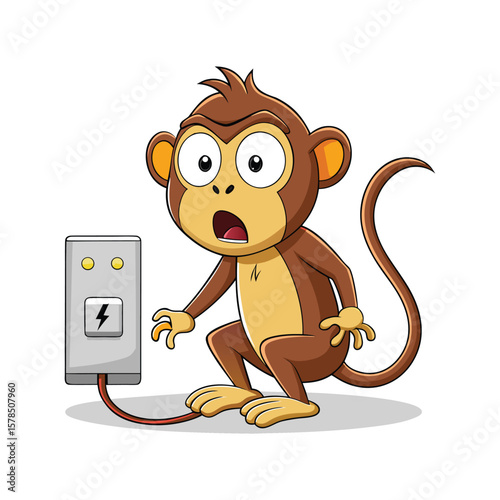 Shocked Monkey Vector Illustration, Monkey Getting Electric Shock from Power Outlet, Funny Animal Safety Concept, Cartoon Monkey Reacting to Electricity, Humorous Vector Art