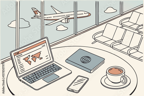 Laptop passport phone and coffee on a table at an airport with airplane view through the window pane