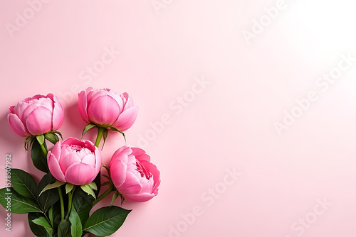 Stylized bouquet of peonies emerging from bottom corner, subtle background gradient, professional spacing for marketing 