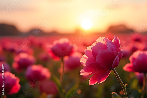 Peony flower field in soft morning light with vibrant color