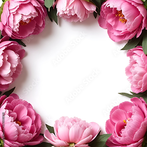 Top view of peonies arranged in natural flow along edges of frame, clear center copy space, fresh color tones 