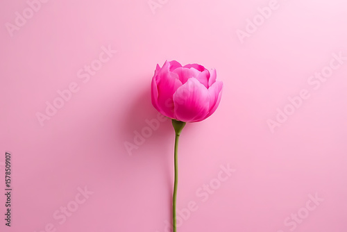Single vivid pink peony floating on gradient background with artistic lighting, ample blank space for text overlay