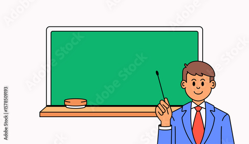 Cartoon hand drawn a male teacher in a blue suit and red tie standing in front of a green chalkboard, holding a pointer for educational, school, and training content in presentations
