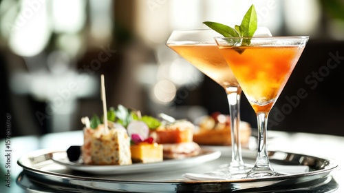 Two cocktails and appetizers on a tray