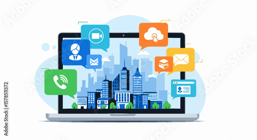 Modern city services accessible through a laptop computer, with various digital icons.